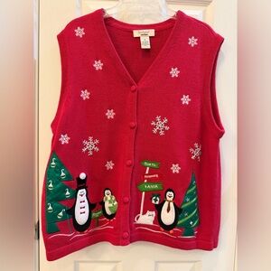 Bechamel Womens XL Red Christmas Holiday Button Sweater Vest Penguin Embroidered